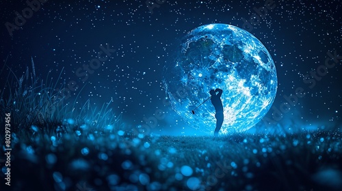Golf Ball Moon Conceptualize a night scene where the moon is replaced by a golf ball, with a silhouette of a golfer taking a swing at it