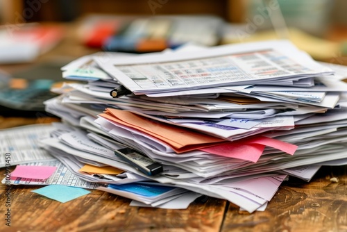 A messy stack of papers and files on a wooden table.