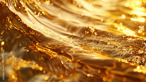 High-resolution photo capturing the flow of liquid gold, emphasizing its smooth, glossy texture as it pours, synonymous with wealth and luxury photo