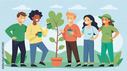 A group of friends laughing and joking with each other as they take a break from planting trees. As they stand around the freshly planted sapling they. Vector illustration