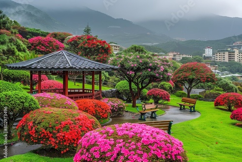 A photo of a beautiful garden with a pagoda  benches  and many pink and red flowers.