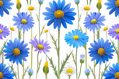 A seamless pattern of blue and white daisies with yellow centers on a white background.