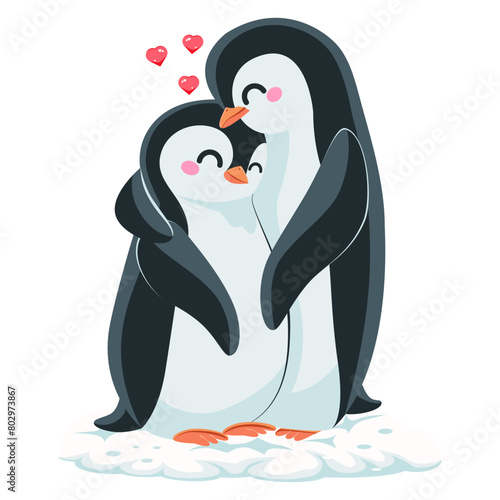 Pair of penguins in love standing, pressed against each other. Concept for penguin day, holiday, print, sticker, greeting card. Cartoon illustration.