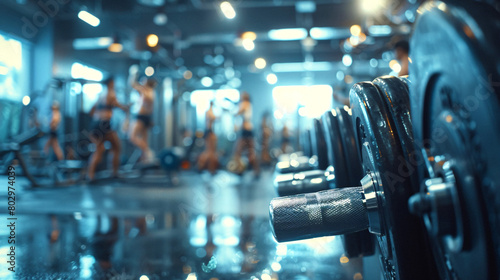 Dynamic Gym Scene: Close-Up of Dumbbells Amidst Bustling Atmosphere