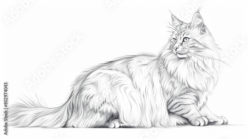 Artistic sketch of a standing Maine Coon cat, highlighting its detailed fur pattern and graceful stance.