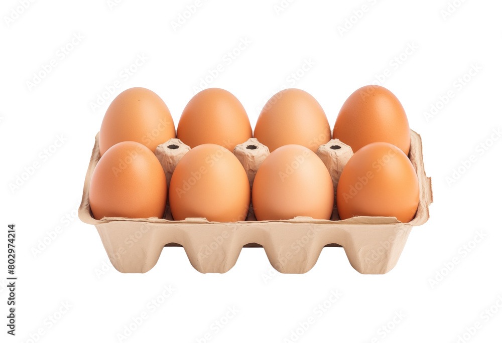 A carton of brown eggs, neatly packed and ready for cooking or baking, isolated on a white transparent. Generative AI