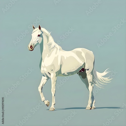 A white horse with a horn and a tail that says   the word   on it  Cute horse flat illustration  
