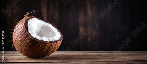 A copy space image featuring a ripe coconut resting on a rustic wooden table photo
