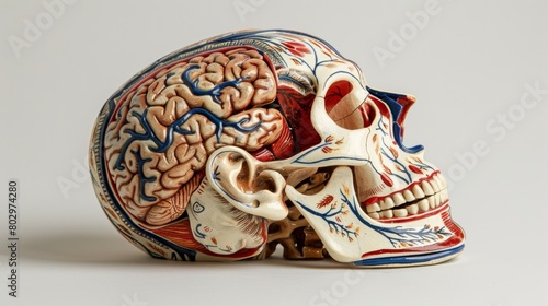 An anatomical model of a human skull with a cutaway view of the brain. photo