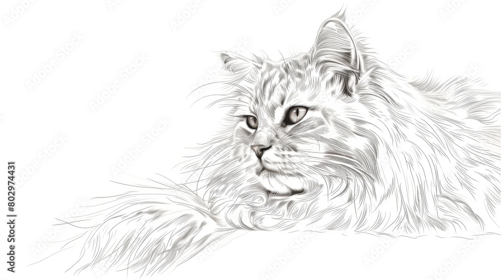 Obraz premium Artistic black and white pencil sketch of a resting Maine Coon cat, showcasing the detailed fur texture and calm expression.