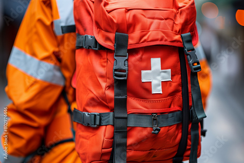 close-up of a red emergency backpack with a white cross, strapped to a paramedic wearing an orange high-visibility jacket.