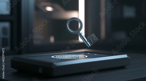 An encrypted digital key floating above a palm print scanner, set against a backdrop of a secure digital vault, representing two-factor authentication for enhanced cyber security.  photo