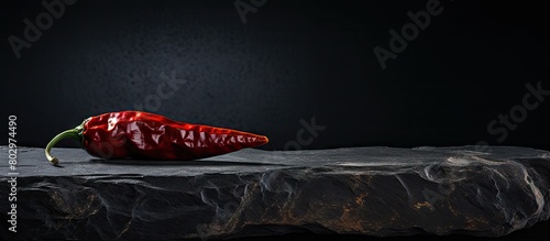 A close up view of a dried red hot chili pepper adorning a black stone board creating a visually striking copy space image