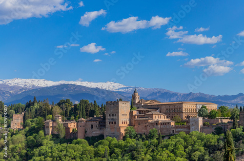 Alhambra palace with the snowy Sierra Nevada