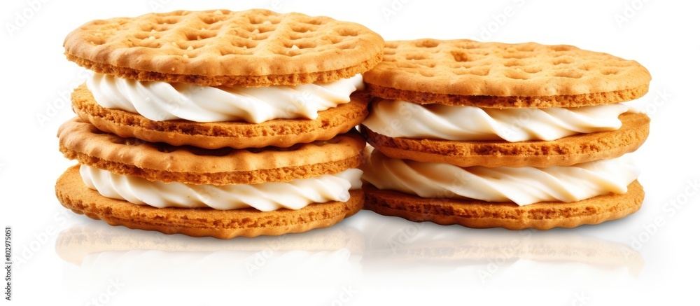 A copy space image that features sandwich biscuits with cream isolated on a white background and accompanied by a clipping path A copy space image that features sandwich biscuits with cream isolated on a white background and accompanied by a clipping path
