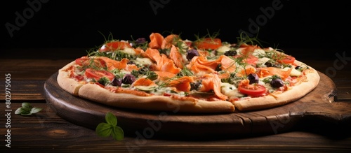 A copy space image of a wooden table adorned with a delicious pizza topped with smoked salmon