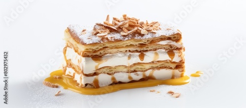 A delicious Estehazy cake seen from above with a white background providing a perfect copy space image photo