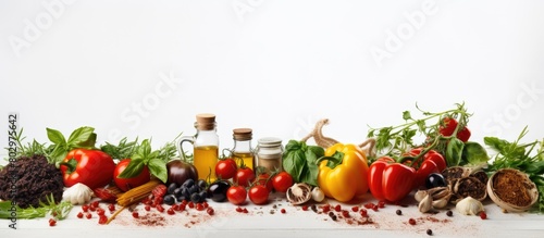 A copy space image of Italian food on a white background showcasing fresh ingredients like green and red basil tomatoes parmesan cheese olives olive oil spices and spaghetti pasta These ingredients a