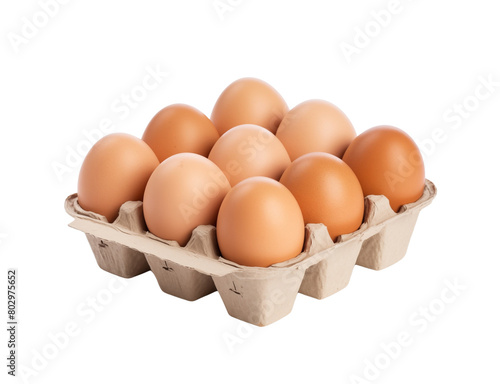 A carton of brown eggs, neatly packed and ready for cooking or baking, isolated on a white transparent. Generative AI © Breyenaiimages