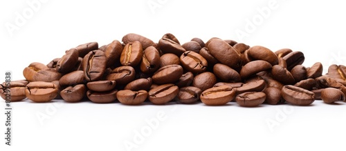 A close up image of coffee beans isolated on a white background with empty space for text. with copy space image. Place for adding text or design