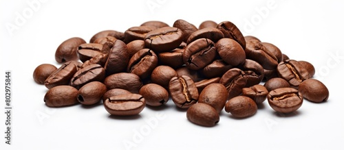 A close up image of coffee beans isolated on a white background with empty space for text. with copy space image. Place for adding text or design