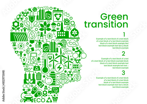 Silhouette of a human head with icons. ENERGY TRANSITION. Transition to environmentally friendly world concept.  Ecology infographic. Green power production. 