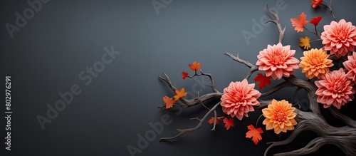 A festive background with a black color hosts an image of a cut tree and vibrant chrysanthemum flowers There is also ample space for text on the image © vxnaghiyev