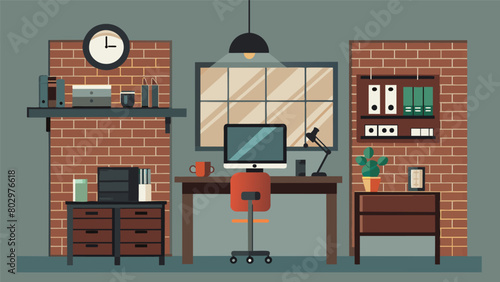 An industrialstyle home office with exposed brick walls and metal accents providing a unique and relaxed setting to work..