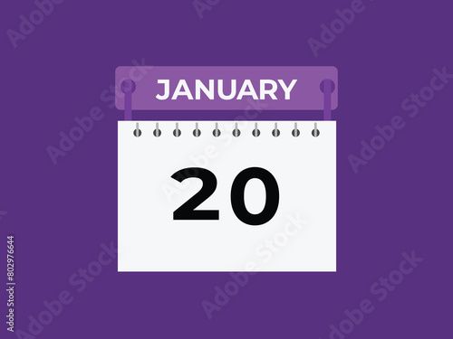 january 20 calendar reminder. 20 january daily calendar icon template. Calendar 20 january icon Design template. Vector illustration 