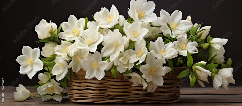 A beautiful arrangement of white flowers in a wooden basket with ample space for copy in the image