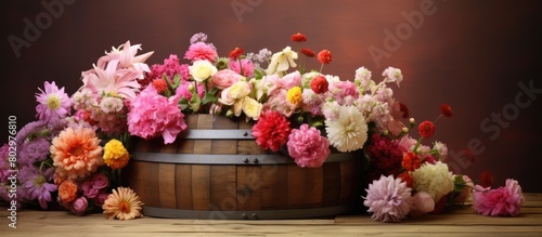 A charming arrangement of flowers adorns an antique wooden barrel creating a captivating copy space image
