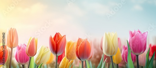A copy space image featuring vibrant tulip flowers blooming in spring with a beautiful backdrop photo