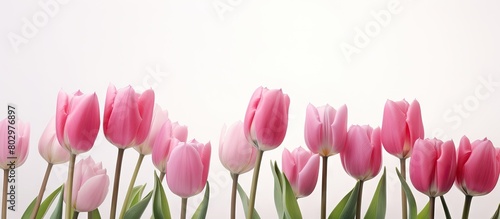 A copy space image of elegant tulips showcasing a delightful combination of dark pink petals and light pink edges on a pristine white backdrop