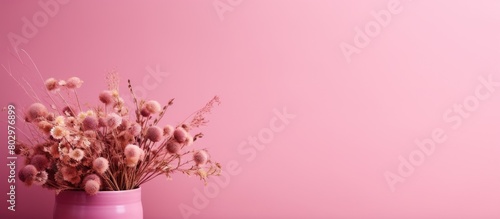 A copy space image showcasing dried flowers in a pink pot