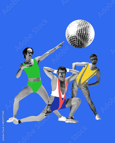 Three funny men in colorful sportswear doing aerobics exercises against blue background with disco ball. Party. Contemporary art collage. Concept of sportive and active lifestyle, humor, retro style © master1305