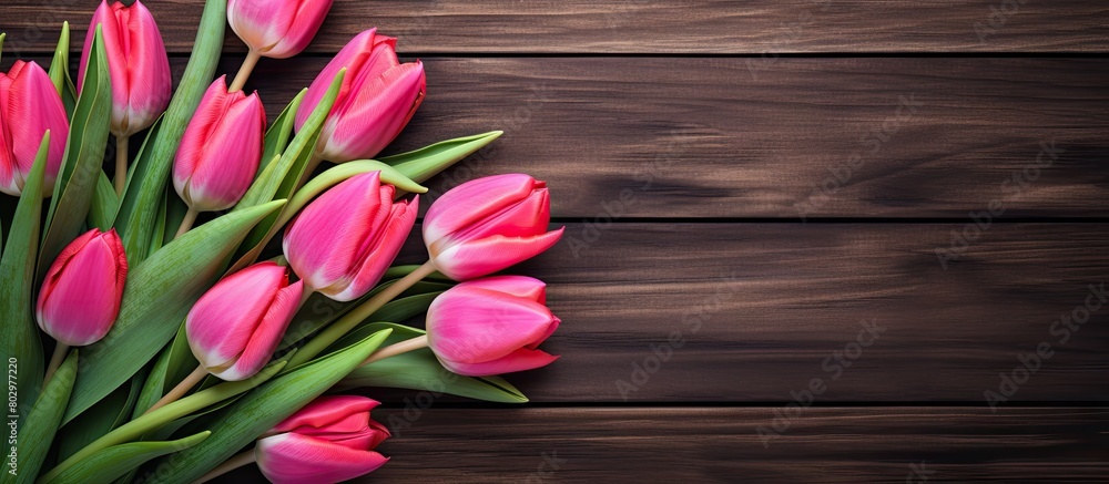 A beautiful arrangement of tulips is placed on a wooden table creating an appealing border design It is perfect for a copy space image A beautiful arrangement of tulips is placed on a wooden table creating an appealing border design It is perfect for a copy space image