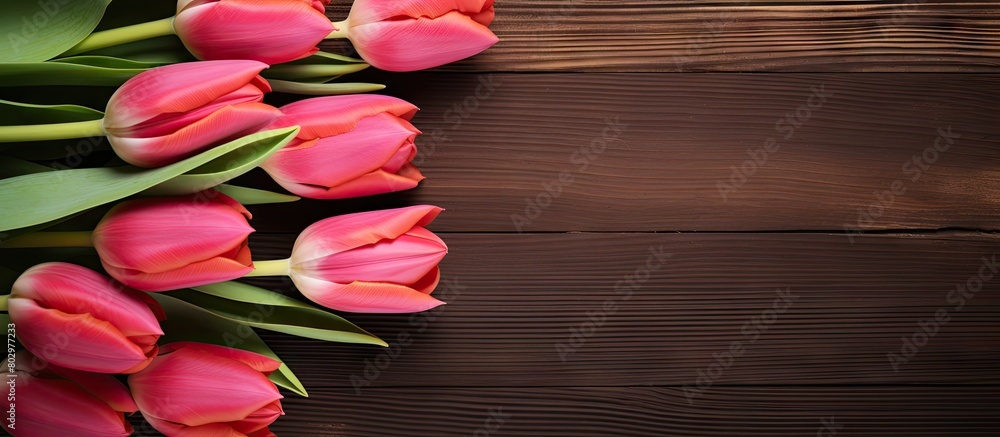 A beautiful arrangement of tulips is placed on a wooden table creating an appealing border design It is perfect for a copy space image