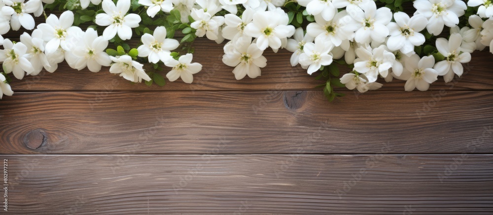 A copy space image featuring white flowers arranged on a wooden floor
