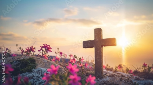 Resurrection symbol  empty tomb with cross on meadow at sunrise, representing good friday concept photo