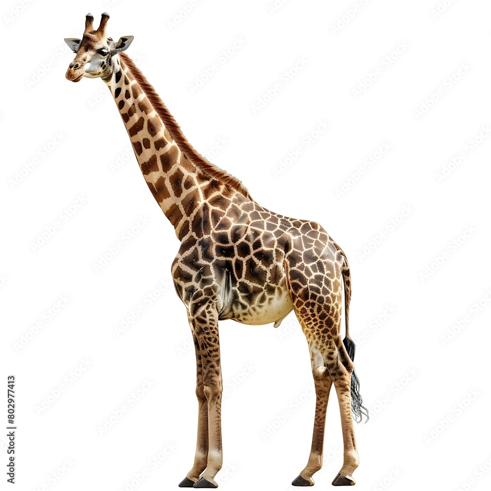 Fototapeta premium giraffe isolated on white, A majestic giraffe standing tall against a clean white background 