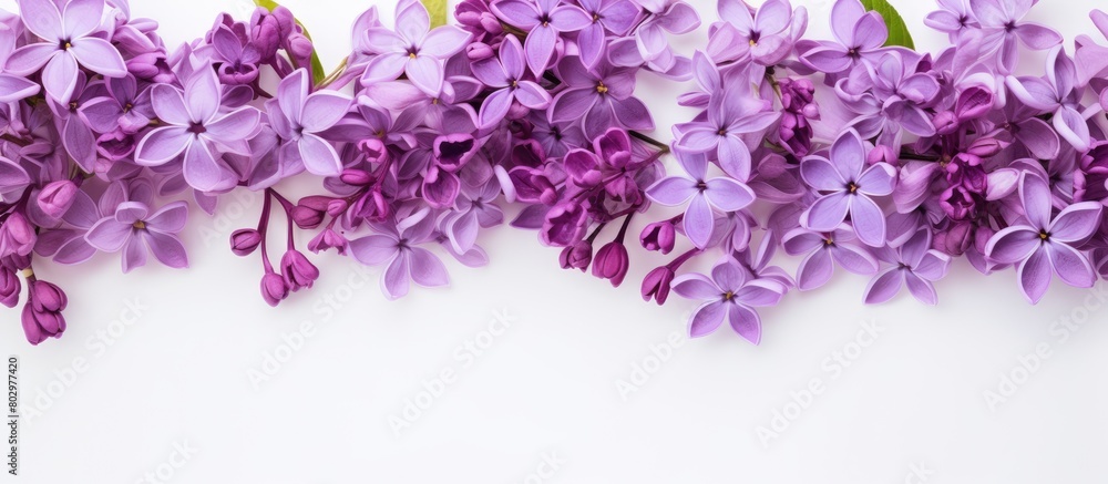 A copy space image featuring violet lilac flowers against a white backdrop allowing room for text A copy space image featuring violet lilac flowers against a white backdrop allowing room for text