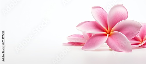 A beautiful pink frangipani flower stands alone on a white backdrop with plenty of space for text or other elements. with copy space image. Place for adding text or design