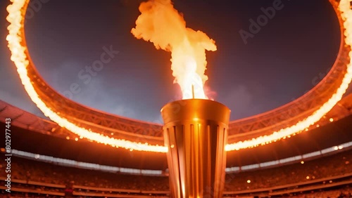 The Olympic flame, the traditional symbol of the Games, lights up the night sky in the stadium, calling for a celebration of sportsmanship and international friendship.