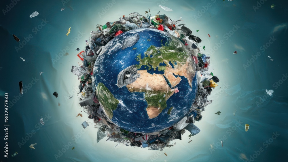 Fototapeta premium Trash Planet Illustration of Earth Drowning in Litter, Garbage, and Plastic Pollution