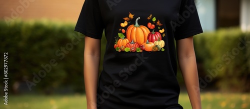 A design template for a black unisex cotton T shirt is displayed in a presentation mockup featuring fall leaves apples and various colored pumpkins This copy space image showcases the tee print