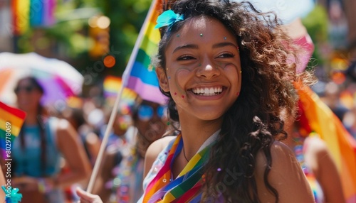 Woman joyfully in pride month parade concept of LGBTQ celebration community events.