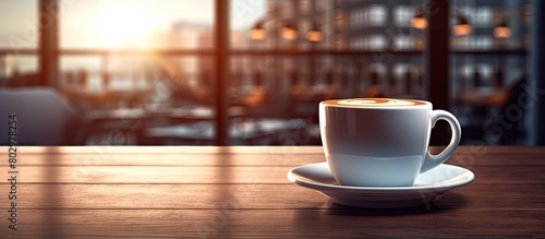 A copy space image of a coffee cup with a modern loft coffee lounge in the background