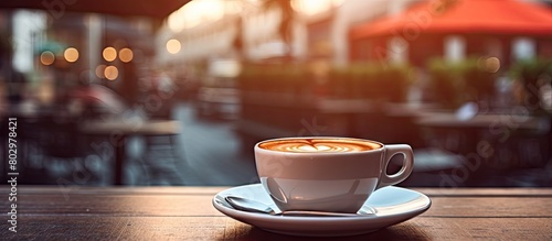 A cup of coffee sits on a table against a blurred cafe background creating a copy space image