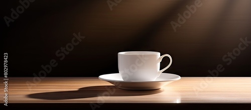 A copy space image of a white porcelain cup with hot coffee on a saucer is placed on a small round table crafted from natural wood illuminated by harsh morning light