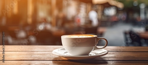 A cup of coffee sits on a table against a blurred cafe background creating a copy space image